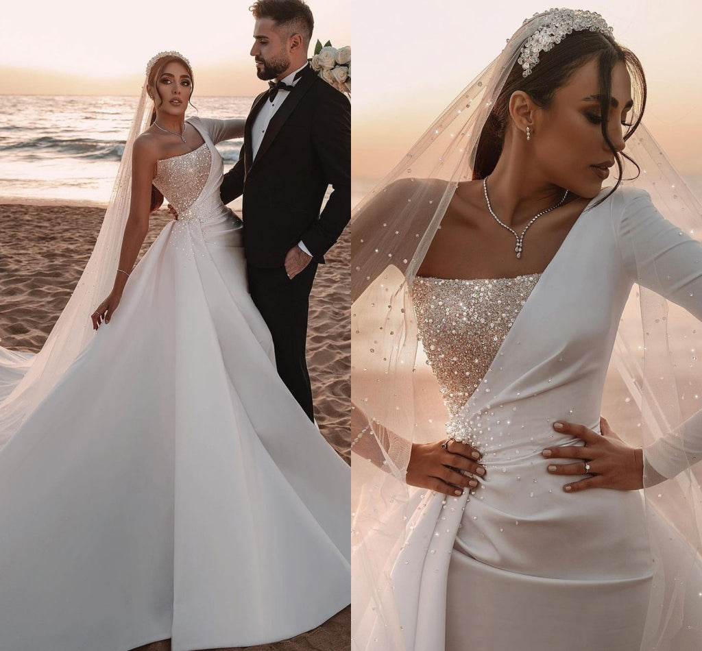One Shoulder Long Sleeves Wedding Dress Sequins Bridal Gown