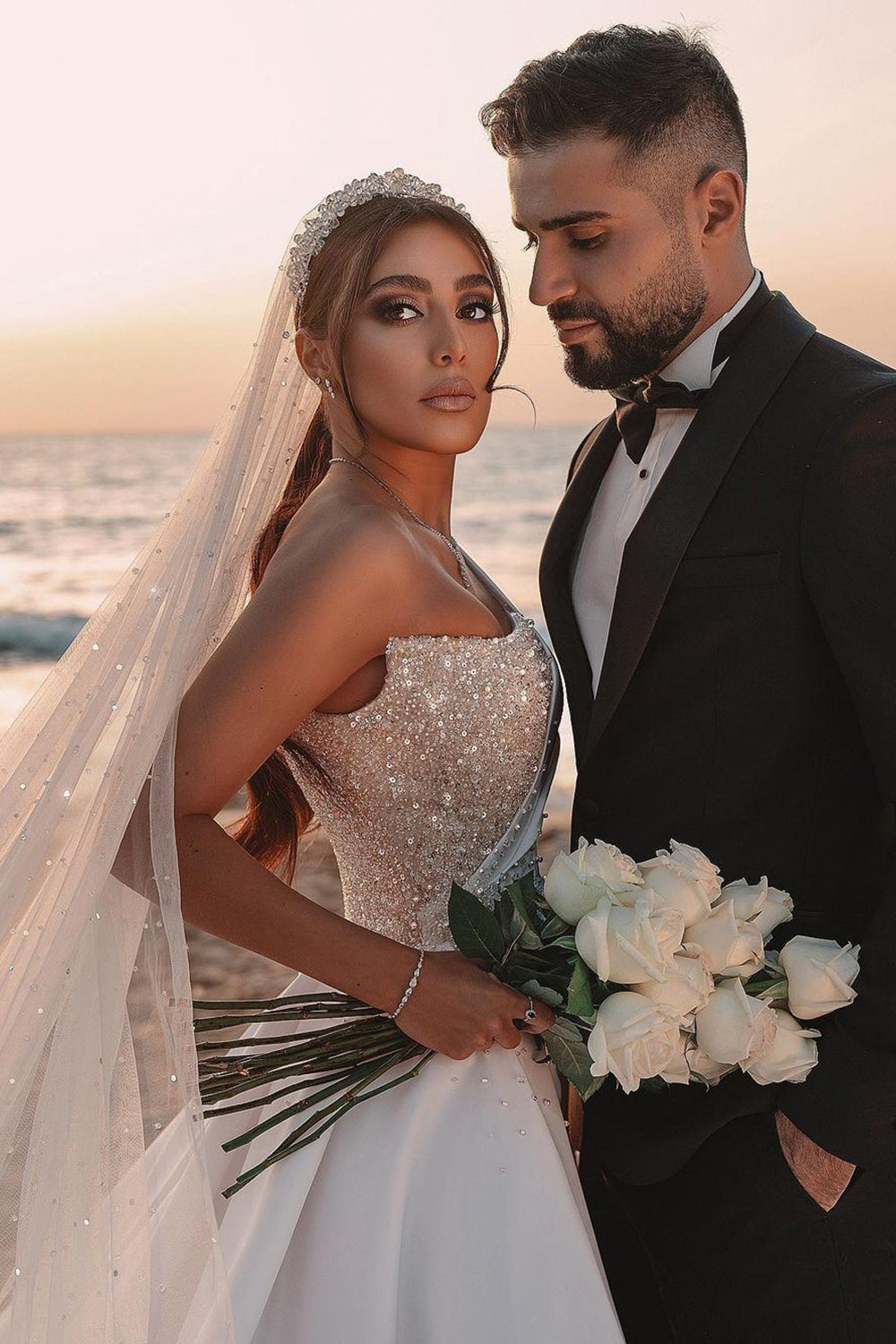 One Shoulder Long Sleeves Wedding Dress Sequins Bridal Gown