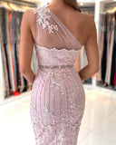 One Shoulder Pink Lace Prom Dress Knee-Length