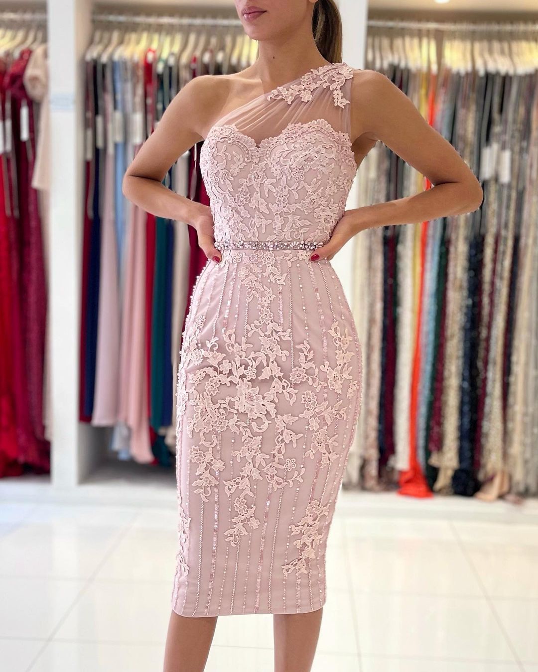 One Shoulder Pink Lace Prom Dress Knee-Length Newinlook One Shoulder Pink Lace Prom Dress Knee-Length Newinlook