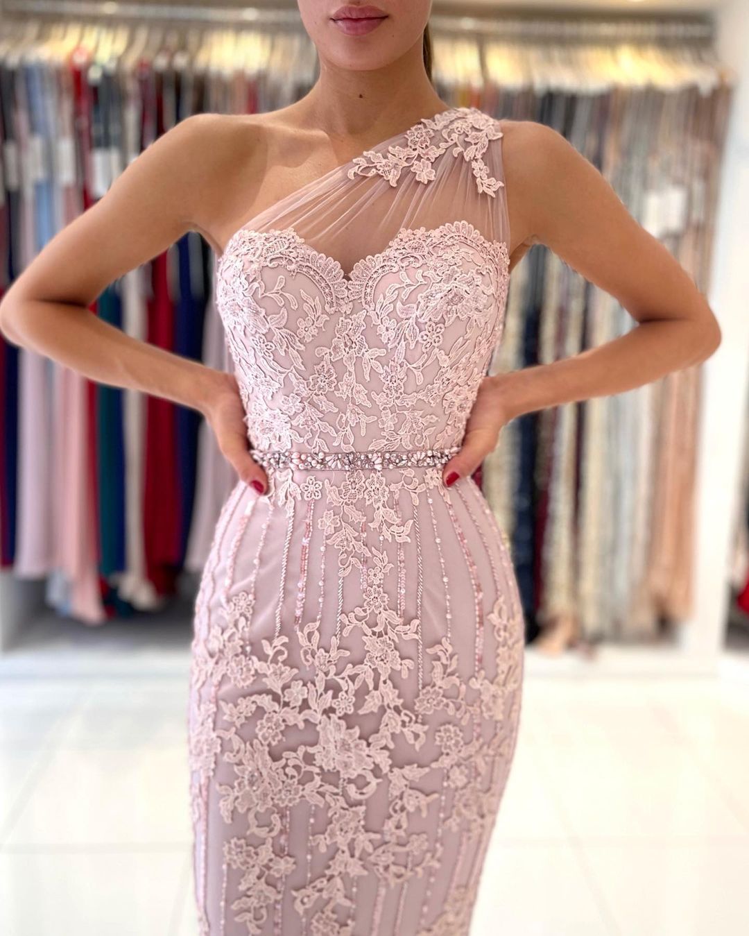 One Shoulder Pink Lace Prom Dress Knee-Length Newinlook One Shoulder Pink Lace Prom Dress Knee-Length Newinlook