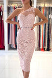 One Shoulder Pink Lace Prom Dress Knee-Length