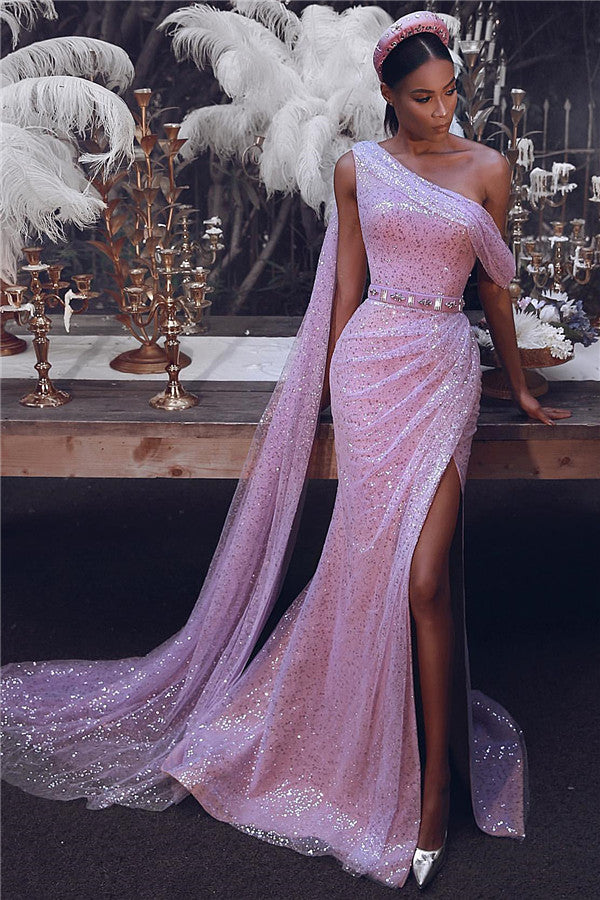 One Shoulder Pink Sequins Prom Dress Mermaid With Slit Ruffles