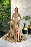 One Shoulder Red Prom Dress Long A-Line With Split