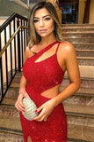 One Shoulder Red Sequins Prom Dress Mermaid With Slit