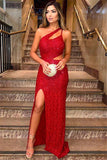 One Shoulder Red Sequins Prom Dress Mermaid With Slit