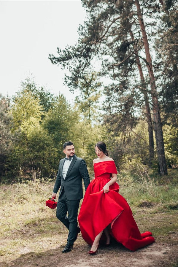red reception dress for bride Wine Red Lovely Wedding Party Dress, Short Sleeves Prom Dress, Cute Formal Dress 2019