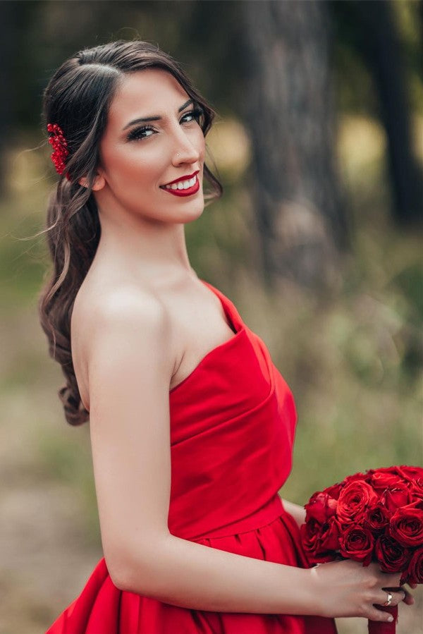 One Shoulder Red Wedding Dress Princess Long Wedding Reception Dress