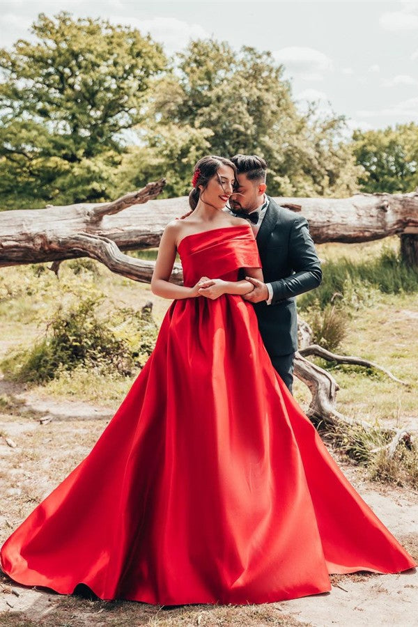 One Shoulder Red Wedding Dress Princess Long Wedding Reception Dress