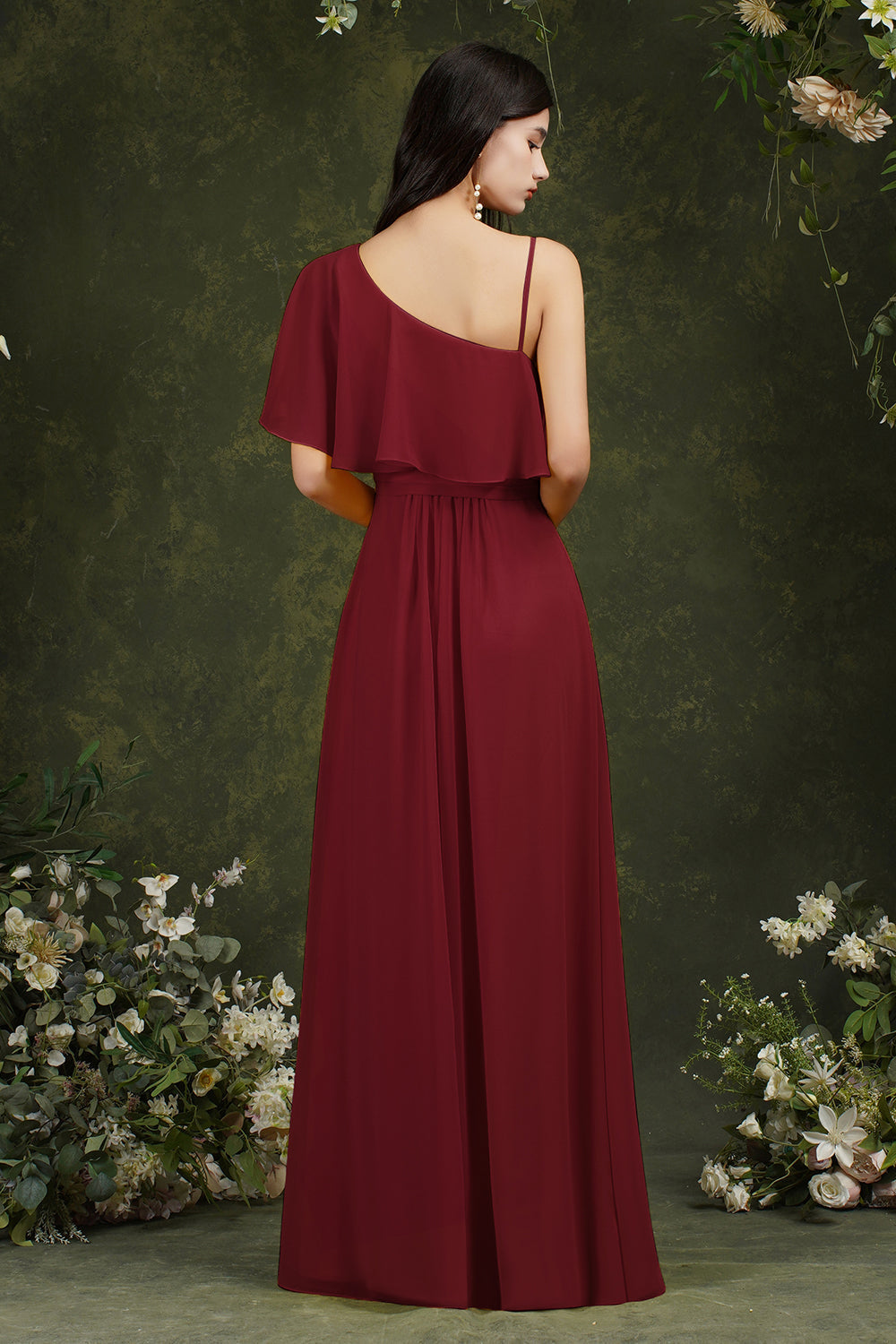 One Shoulder Ruffles Bridesmaid Dress Long With Slit