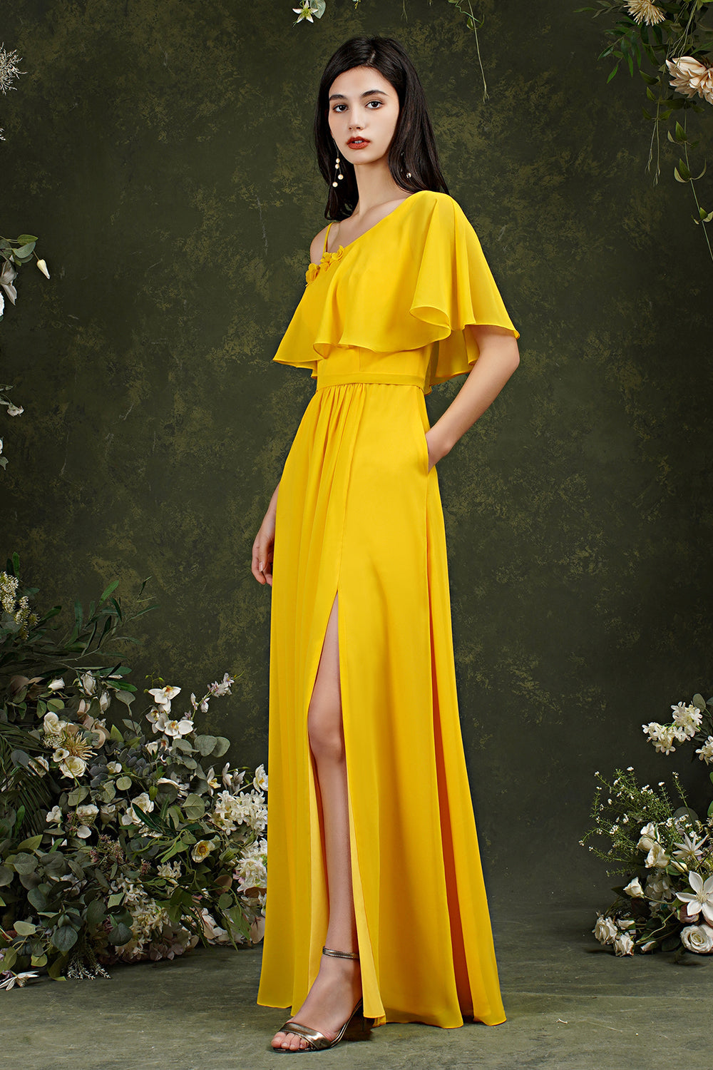 One Shoulder Ruffles Bridesmaid Dress Long With Slit