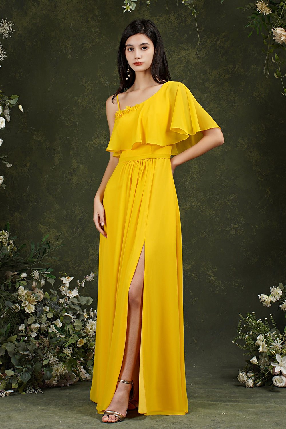 One Shoulder Ruffles Bridesmaid Dress Long With Slit
