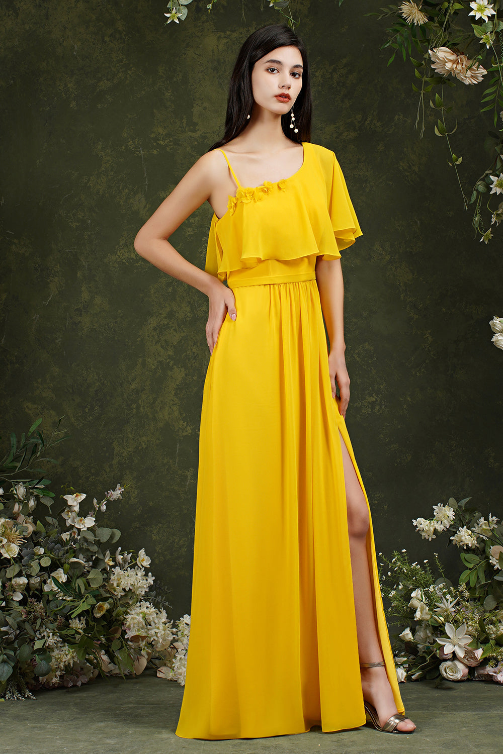 One Shoulder Ruffles Bridesmaid Dress Long With Slit