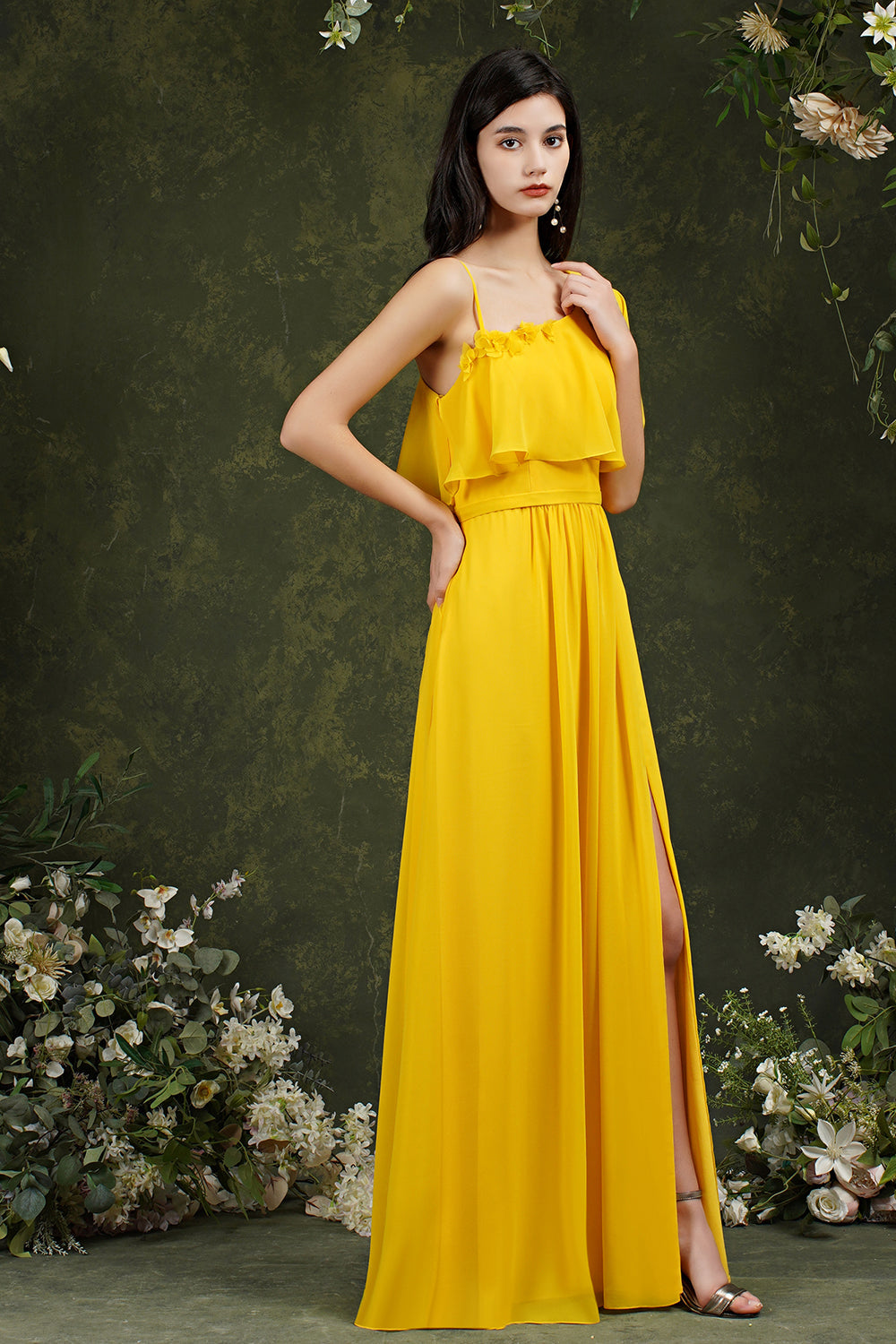 One Shoulder Ruffles Bridesmaid Dress Long With Slit