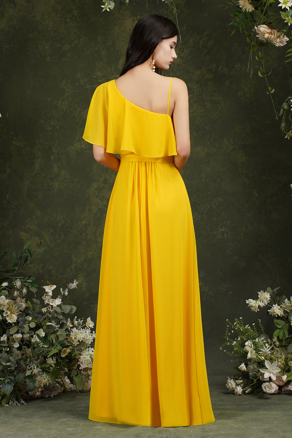 One Shoulder Ruffles Bridesmaid Dress Long With Slit