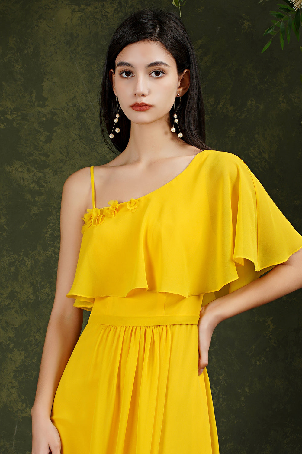 One Shoulder Ruffles Bridesmaid Dress Long With Slit