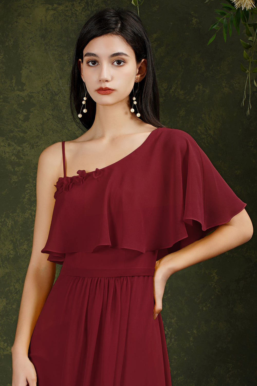 One Shoulder Ruffles Bridesmaid Dress Long With Slit