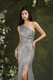 One Shoulder Silver Sequins Bridesmaid Dress Mermaid With Slit