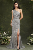 One Shoulder Silver Sequins Bridesmaid Dress Mermaid With Slit