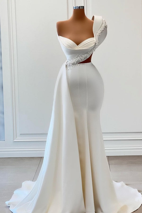 One Shoulder White Mermaid Prom Dress Long With Pearls