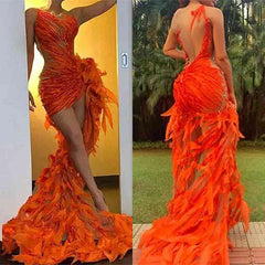 Orange Prom Dress Mermaid Tulle High-Lo Long