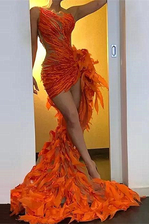Orange Prom Dress Mermaid Tulle High-Lo Long