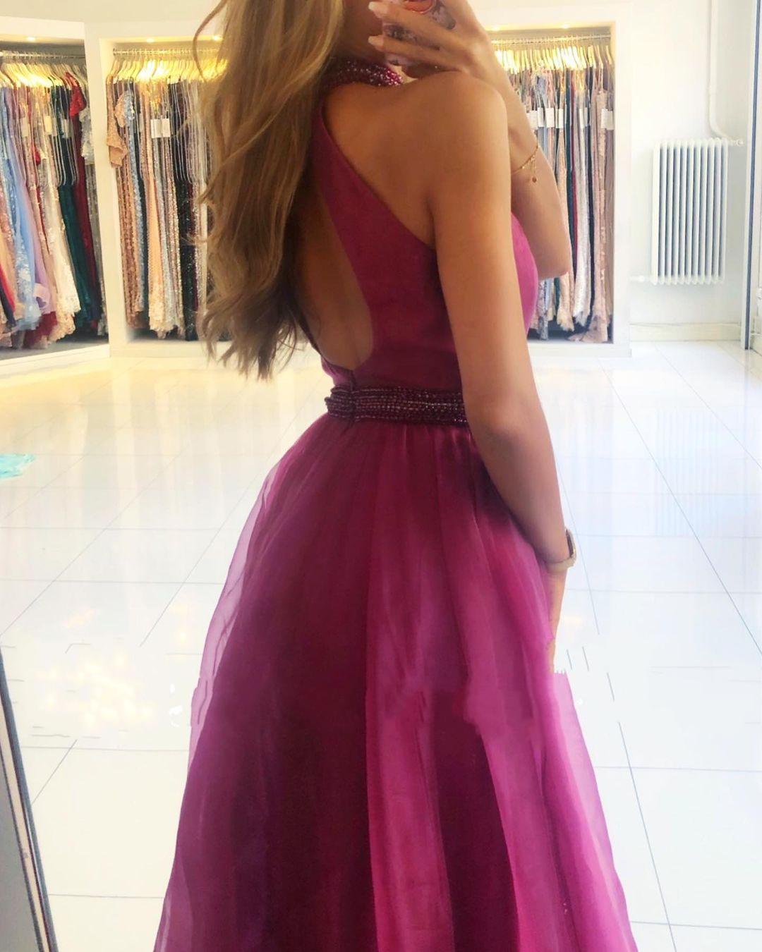 Orchid Halter Long Prom Dress Tulle With Split