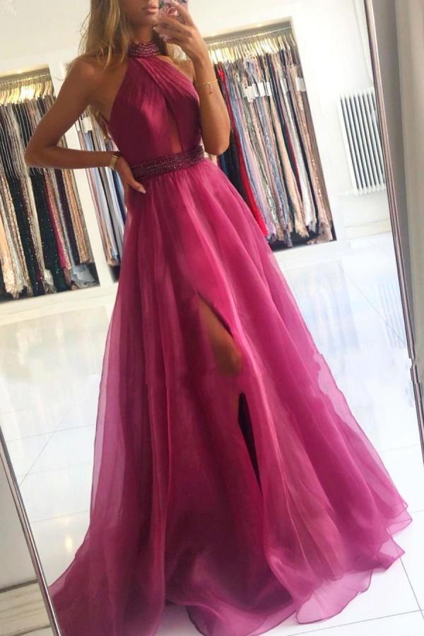 Orchid Halter Long Prom Dress Tulle With Split