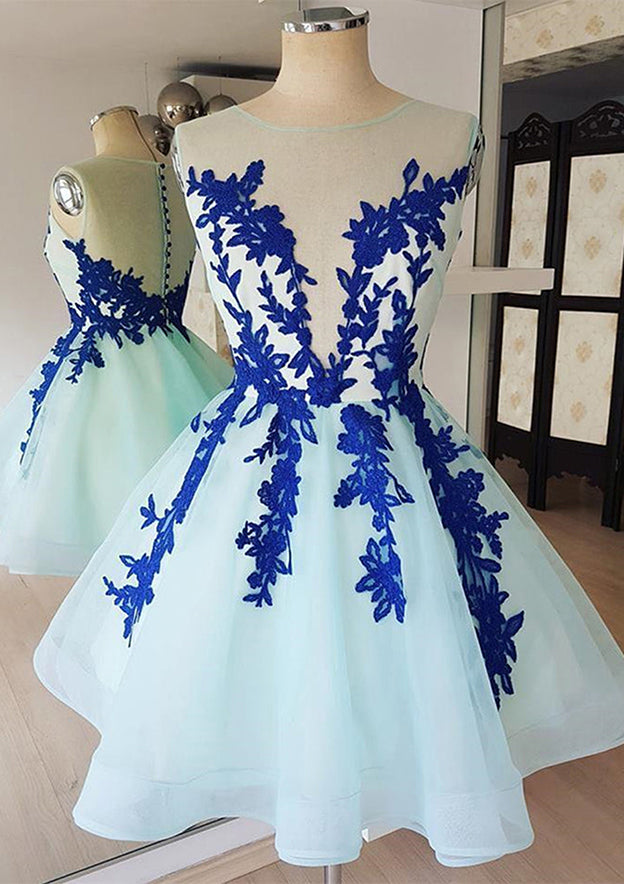 Organza Princess Homecoming Dress With Appliqued Ball Gown Illusion Neck Sleeveless Knee-Length