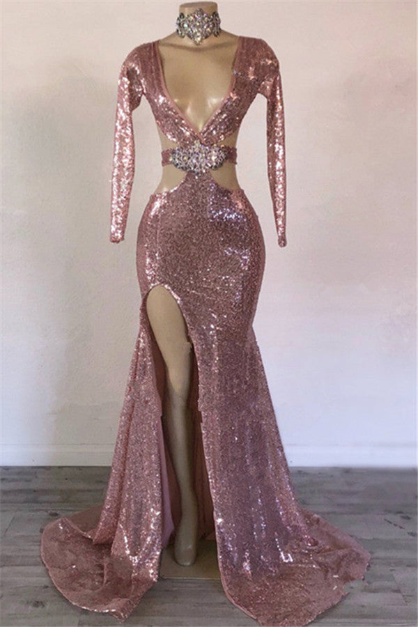 Pink Long Sleeevs Sequins Prom Dress Mermaid With Split
