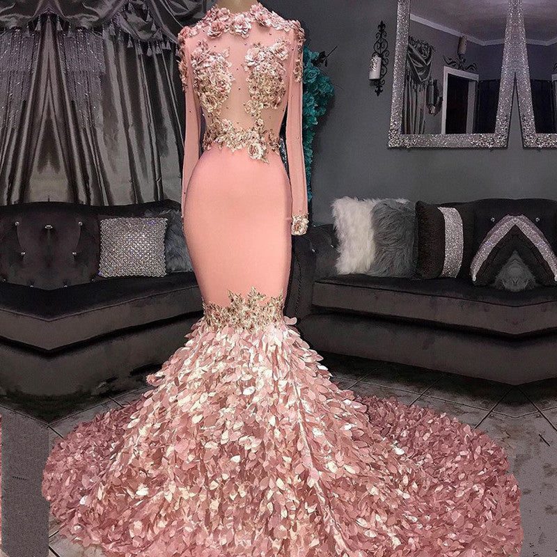Pink Long Sleeves Mermaid Prom Dress With Appliques