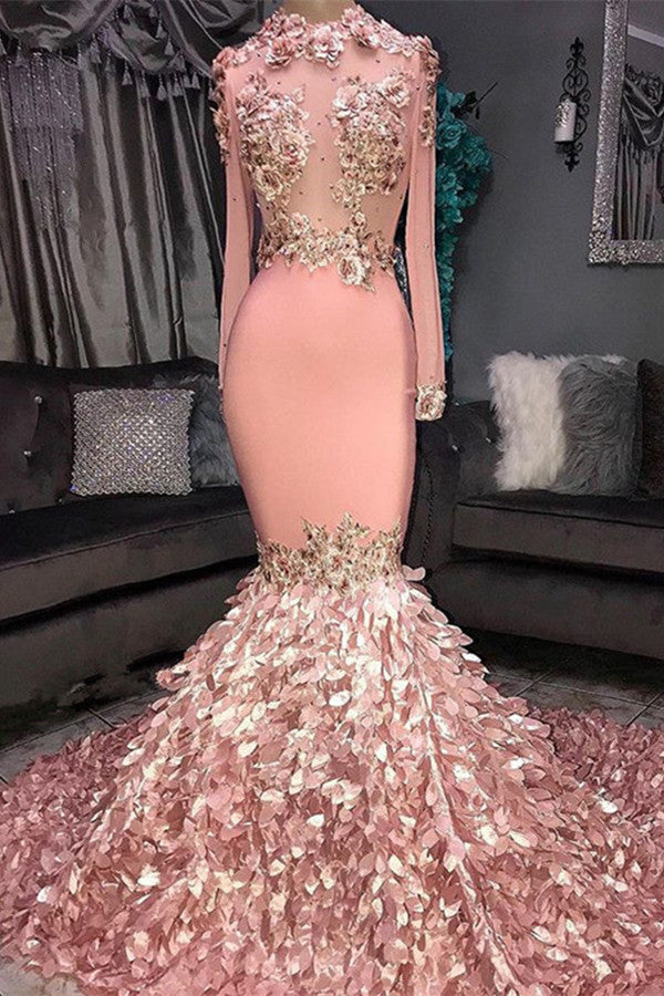 Pink Long Sleeves Mermaid Prom Dress With Appliques