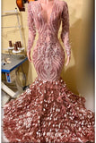 Pink Mermaid Prom Dress Long Sleeves V-Neck With Leaf Pattern Bottom