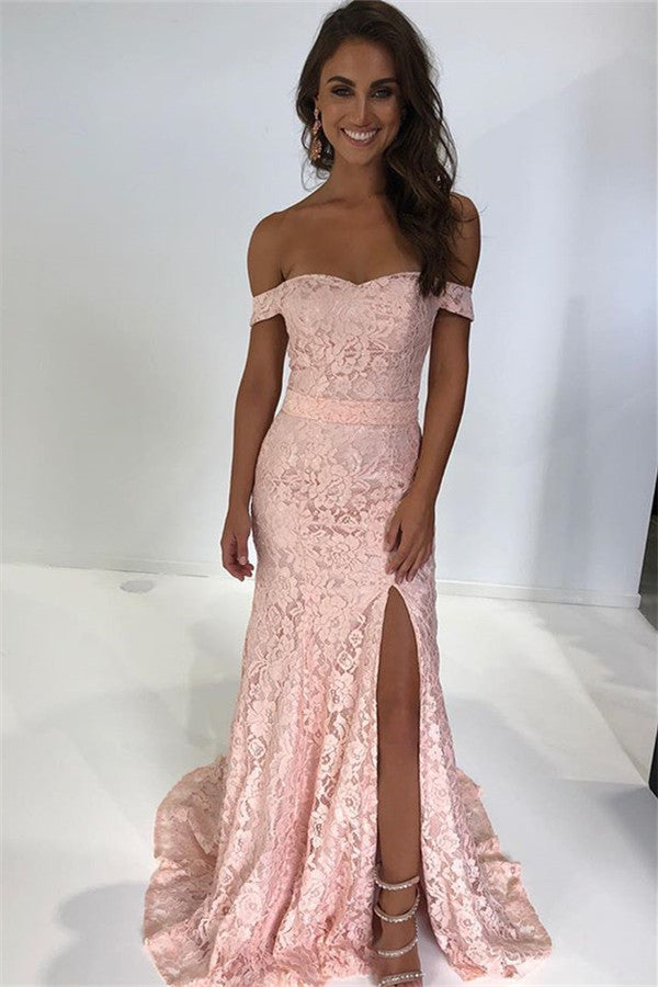 Pink Off-the-Shoulder Lace Prom Dress Mermaid With Slit