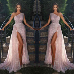 Pink One Shoulder Mermaid Evening Dress Long Split With Sequins Beads