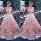 Pink One Shoulder Prom Dress Lace Long Evening Party Gowns