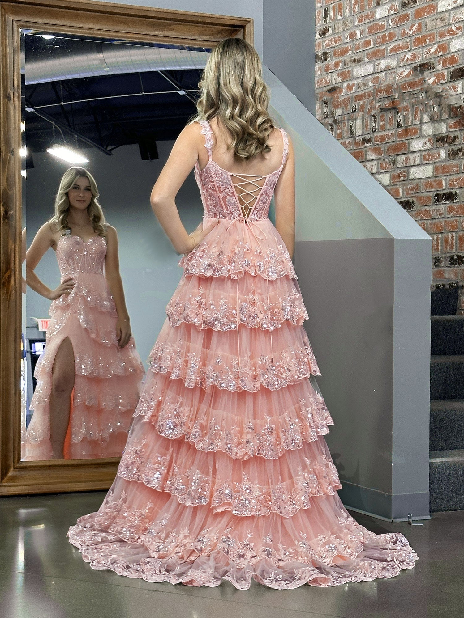 Pink Princess A-Line Off-Shoulder Corset Prom Dress with Lace and Ruffles