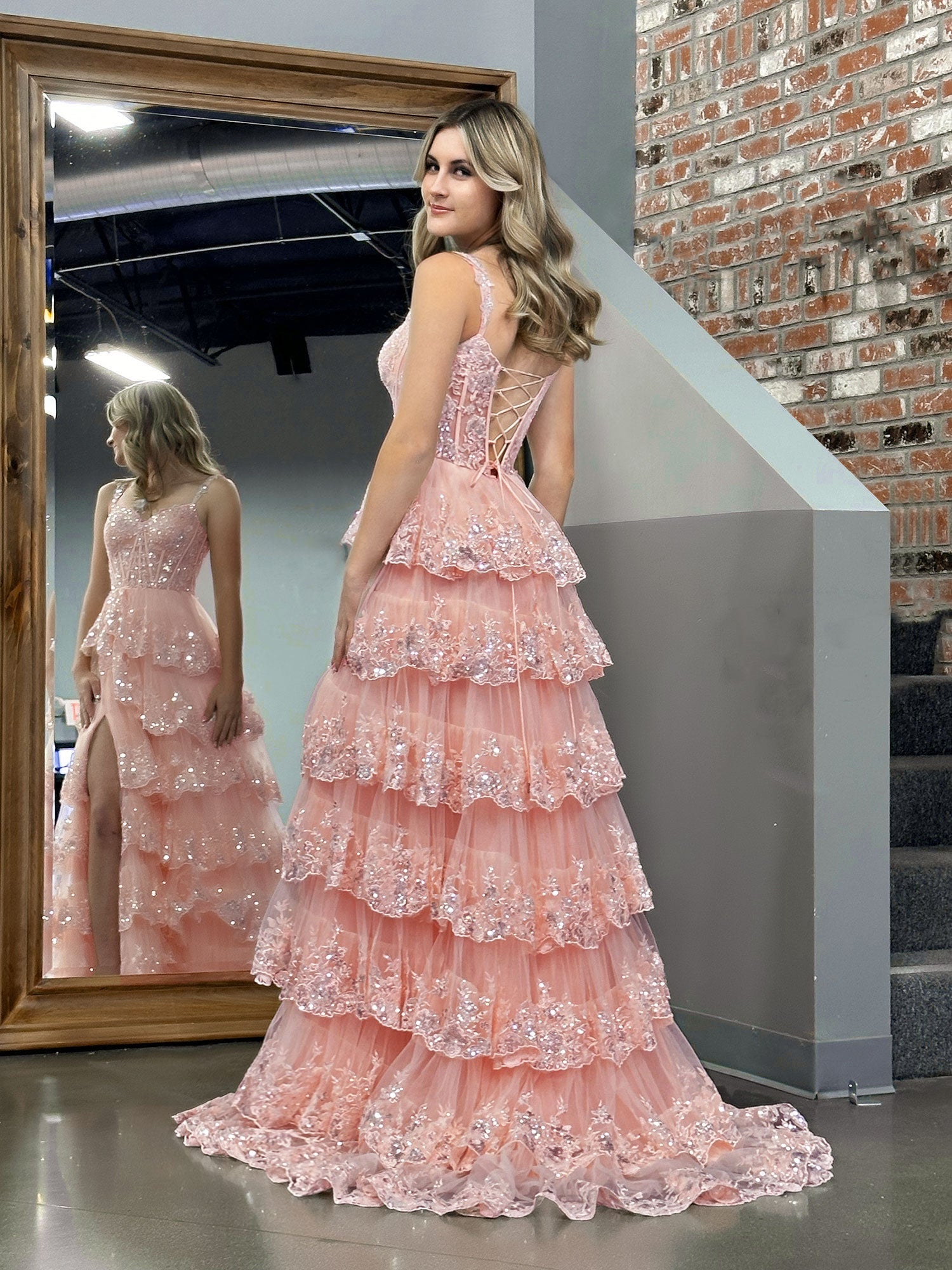 Pink Princess A-Line Off-Shoulder Corset Prom Dress with Lace and Ruffles
