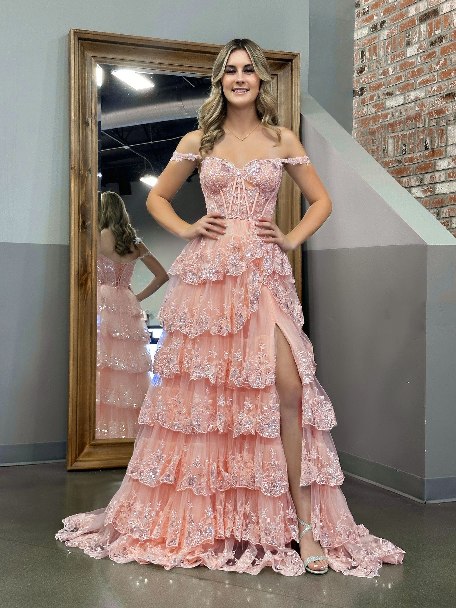 Pink Princess A-Line Off-Shoulder Corset Prom Dress with Lace and Ruffles