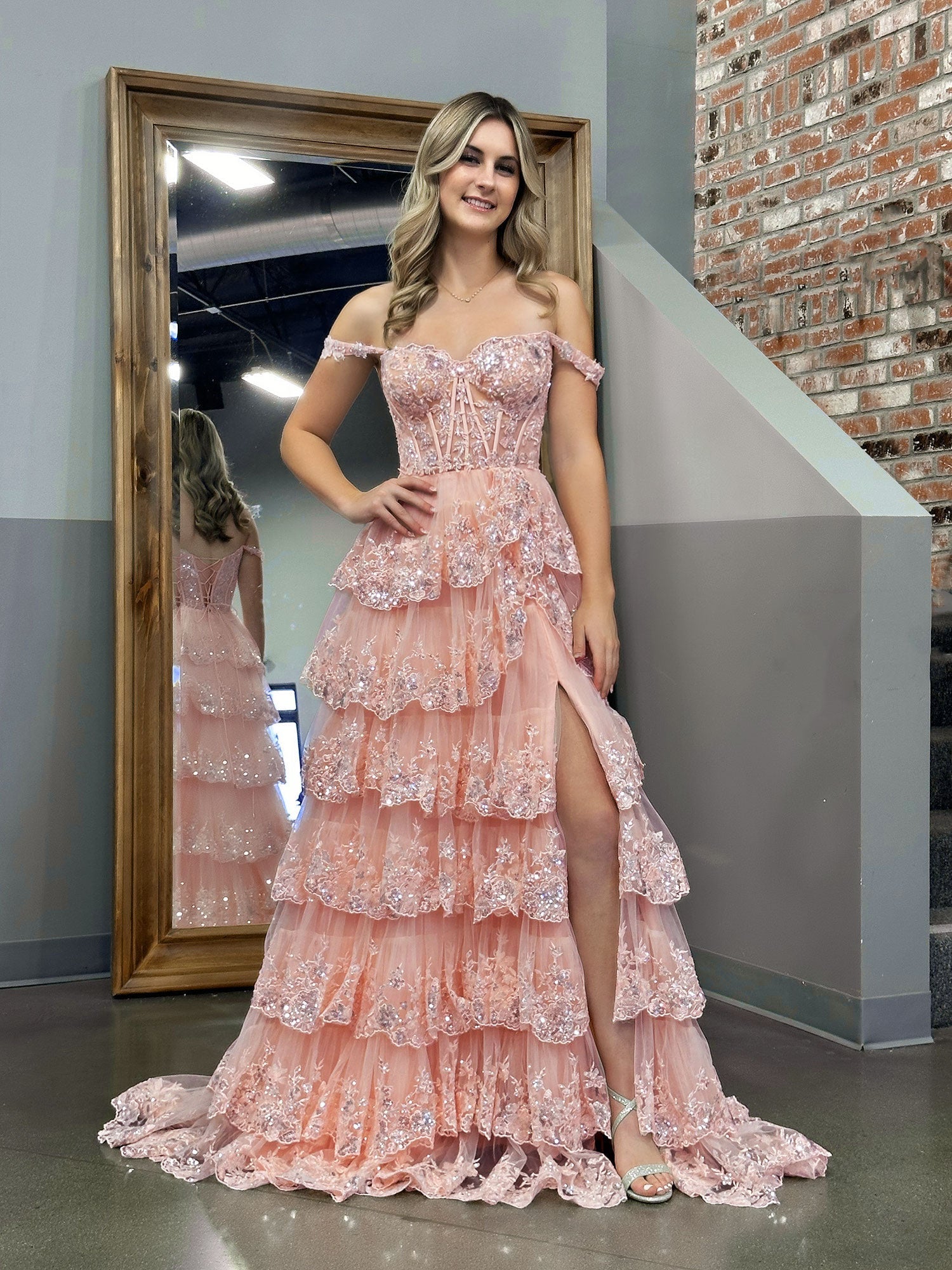 Pink Princess A-Line Off-Shoulder Corset Prom Dress with Lace and Ruffles