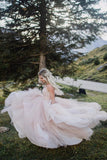 Pink Spaghetti-Straps Wedding Dress Tulle Backless Long