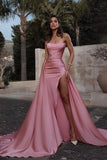 Pink Strapless Prom Dresses Split Long With Ruffles