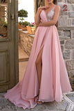 Pink V-Neck Prom Dress Split Long On Sale