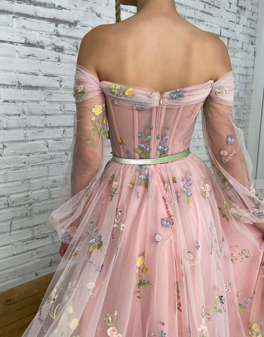 Dorothea A-Line Light Pink Embroidered Off-the-Shoulder Prom Dress Newinlook Dorothea A-Line Light Pink Embroidered Off-the-Shoulder Prom Dress Newinlook