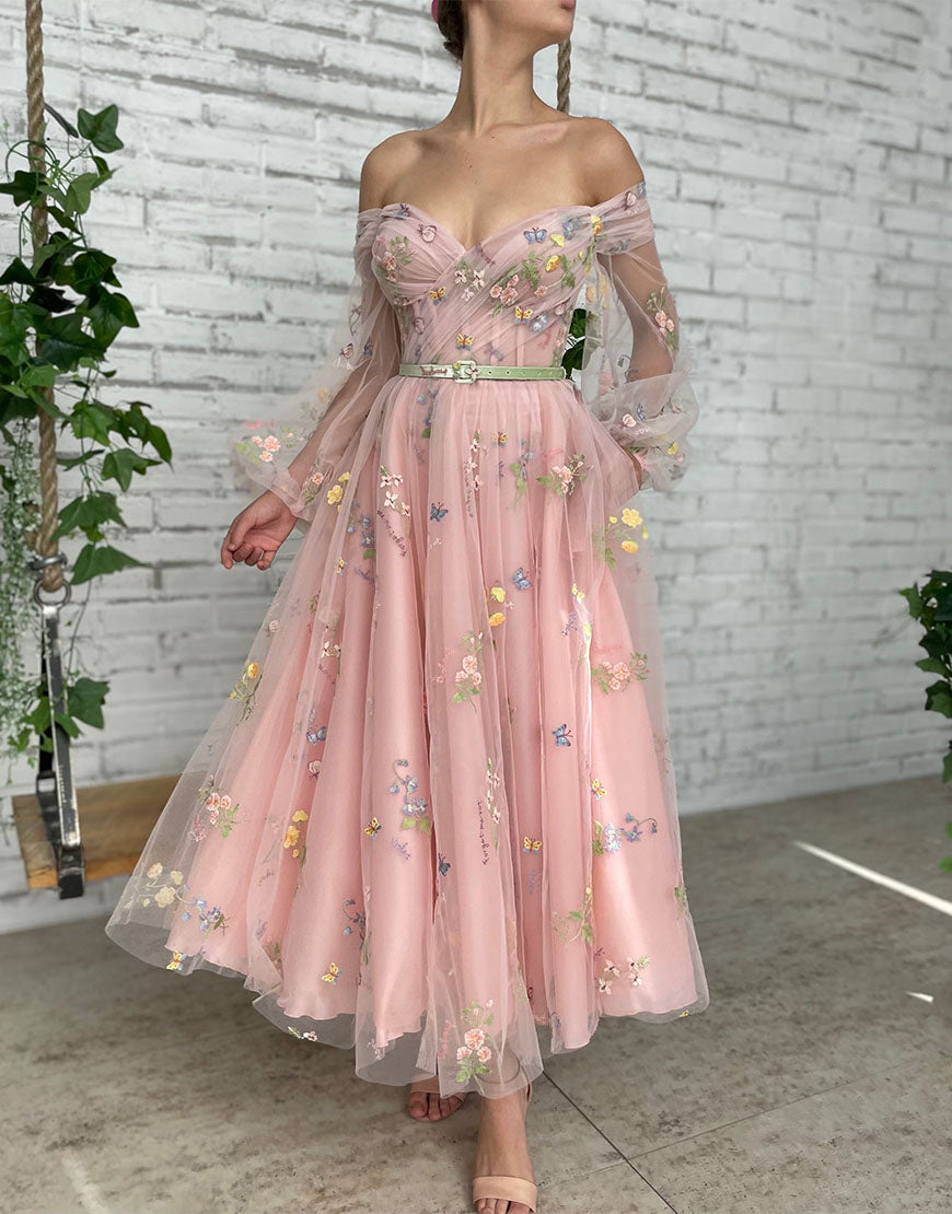 Dorothea A-Line Light Pink Embroidered Off-the-Shoulder Prom Dress Newinlook Dorothea A-Line Light Pink Embroidered Off-the-Shoulder Prom Dress Newinlook
