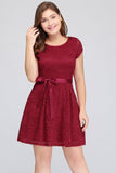Plus Size A-Line Jewel Burgundy Lace Bridesmaid dress with Short Sleeves
