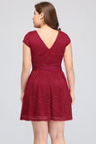 Plus Size A-Line Jewel Burgundy Lace Bridesmaid dress with Short Sleeves
