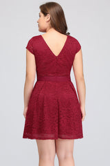 Plus Size A-Line Jewel Burgundy Lace Bridesmaid dress with Short Sleeves