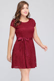 Plus Size A-Line Jewel Burgundy Lace Bridesmaid dress with Short Sleeves