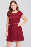 Plus Size A-Line Jewel Burgundy Lace Bridesmaid dress with Short Sleeves